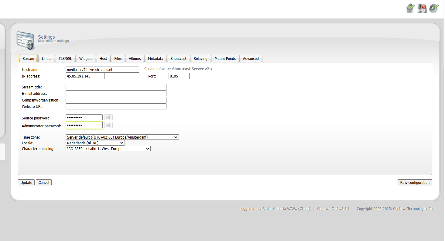 CentovaCast stream instellingen — hostname, SSL, tijdzone en meer